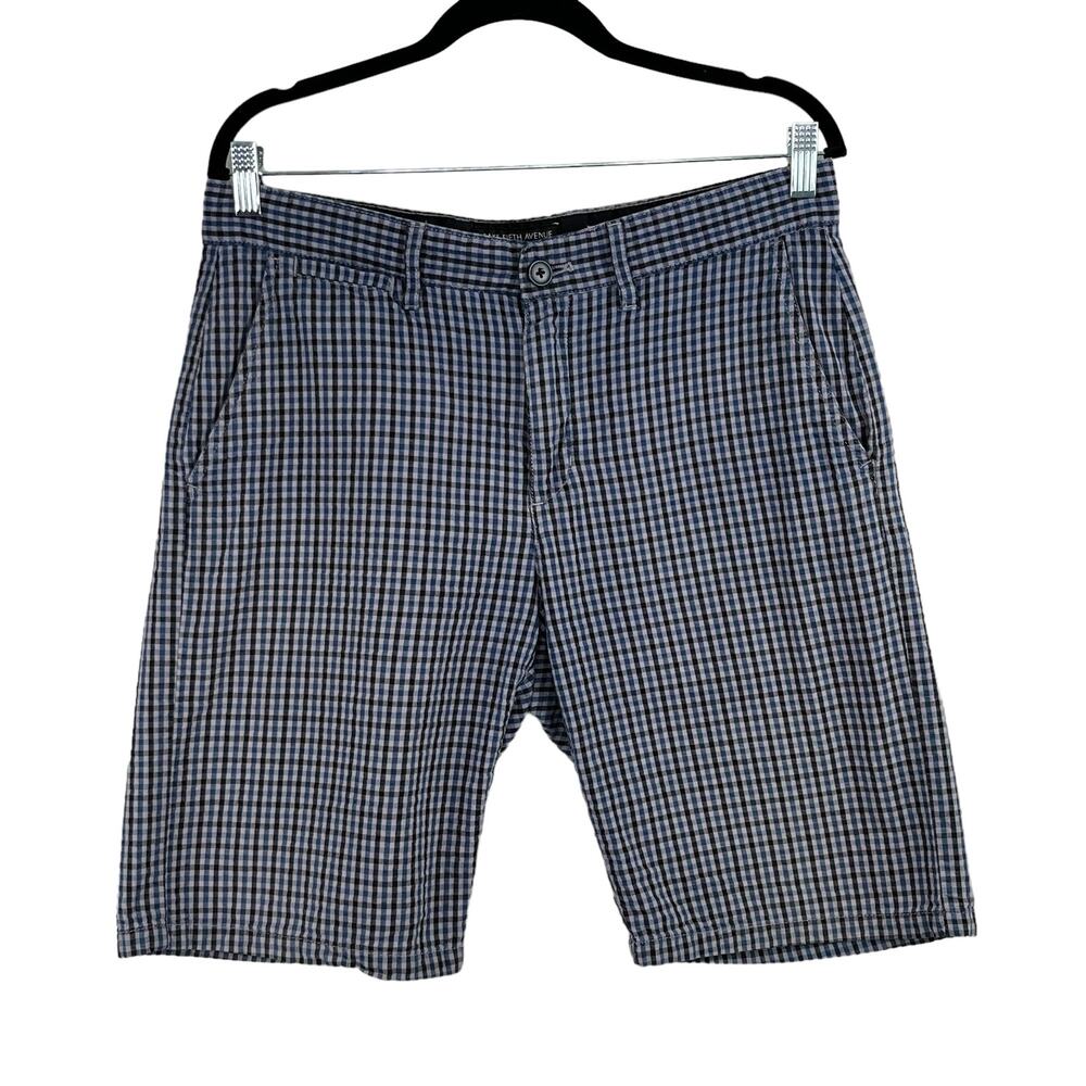 Saks Fifth Avenue Mens Plaid Flat Front Chino Shorts Blue Black White 32 Golf